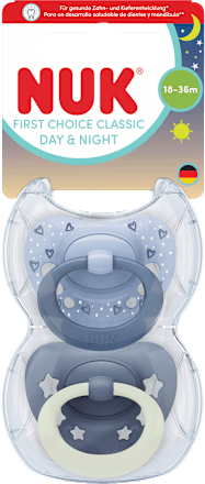 Schnuller First Choice Classic Day & Night Silikon, blau, 18-36 Monate, 2 St