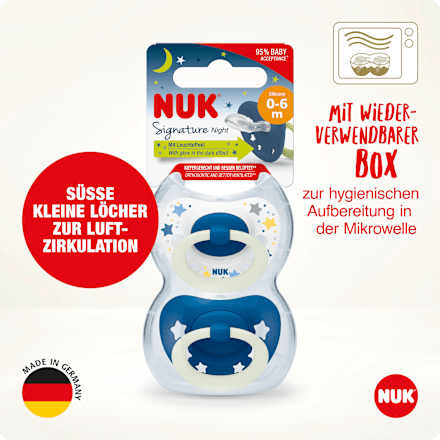 Schnuller Signature Night, Silikon, blau, 0-6 Monate, 2 St NUK