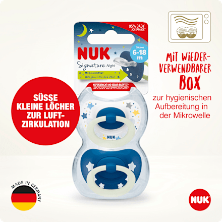 Schnuller Signature Night Silikon, blau, 6-18 Monate, 2 St NUK