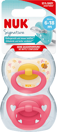 Schnuller Signature Silikon, gelb/pink, 6-18 Monate, 2 St NUK