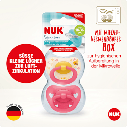 Schnuller Signature Silikon, gelb/pink, ab 18 Monate, 2 St NUK