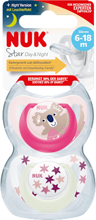 Schnuller Star Day & Night Silikon, pink/weiß, Gr.2, 6-18 Monate, 2 St NUK