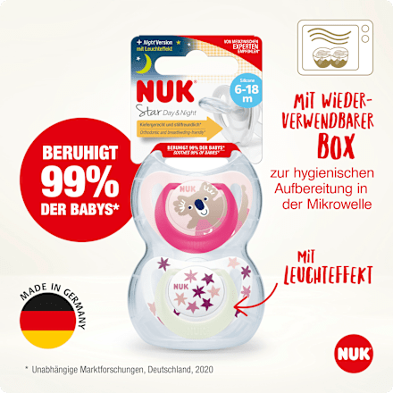 Schnuller Star Day & Night Silikon, pink/weiß, Gr.2, 6-18 Monate, 2 St NUK