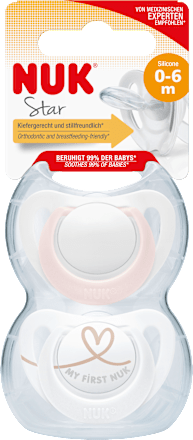 Ster siliconen fopspeen, roze/wit, maat 1, 0-6 maanden, 2 stuks