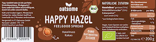 Hazelnootpasta, "Happy Hazel" feelgood spreads, hazelnootcacao, 200 g