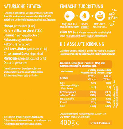Smoothie Bowl Pulver Mango Mia, Mango Maracuja, 400 g