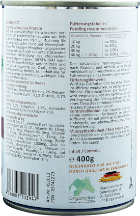 Nassfutter Hund mit Geflügel & Rind, Nieren Diät, Multipack (6x400 g), 2,4 kg OrganicVet