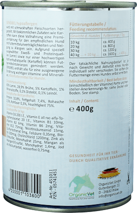 Nassfutter Hund mit Lamm, sensibel hypoallergen, Multipack (6x400 g), 2,4 kg OrganicVet