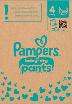 Babybroekjes Baby Dry Maat 4 Maxi (9-15 kg), maandelijkse doos, 180 stuks