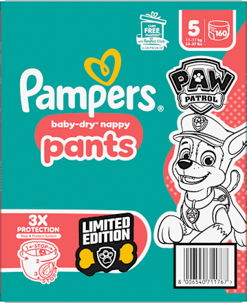 Babybroekjes Baby Dry Maat 5 Junior (11-17 kg) Limited Edition Paw Patrol, maandelijkse doos, 160 stuks