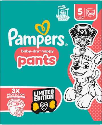 Babybroekjes Baby Dry Maat 5 Junior (11-17 kg) Limited Edition Paw Patrol, maandelijkse doos, 160 stuks