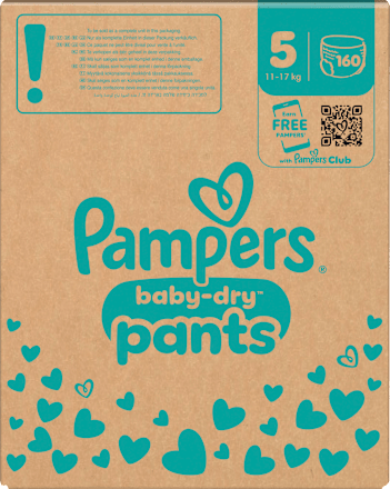 Babybroekjes Baby Dry maat 5 Junior (11-17 kg), maandelijkse doos, 160 stuks