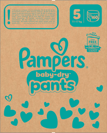 Babybroekjes Baby Dry maat 5 Junior (11-17 kg), maandelijkse doos, 160 stuks