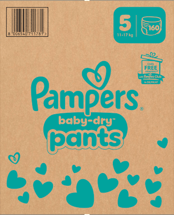 Babybroekjes Baby Dry maat 5 Junior (11-17 kg), maandelijkse doos, 160 stuks