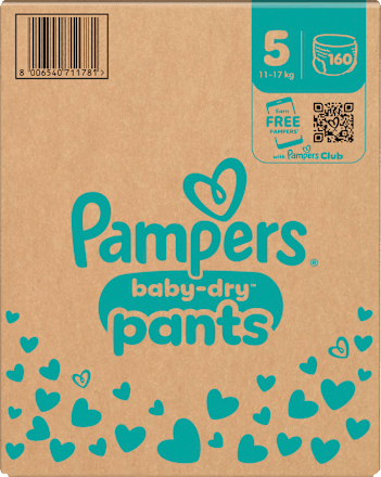 Babybroekjes Baby Dry maat 5 Junior (11-17 kg), maandelijkse doos, 160 stuks