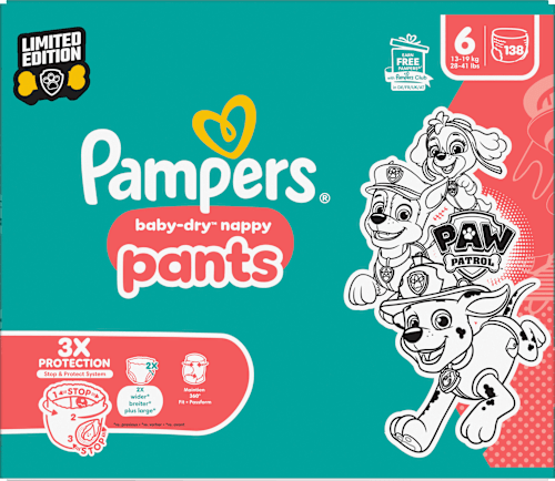 Babybroekjes Baby Dry Maat 6 Extra Groot (13-19 kg) Limited Edition Paw Patrol, maandelijkse doos, 138 stuks