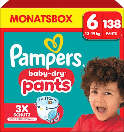 Babybroekjes Baby Dry Maat 6 Extra Groot (13-19 kg), maandelijkse doos, 138 stuks