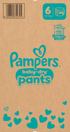 Babybroekjes Baby Dry Maat 6 Extra Groot (13-19 kg), maandelijkse doos, 138 stuks