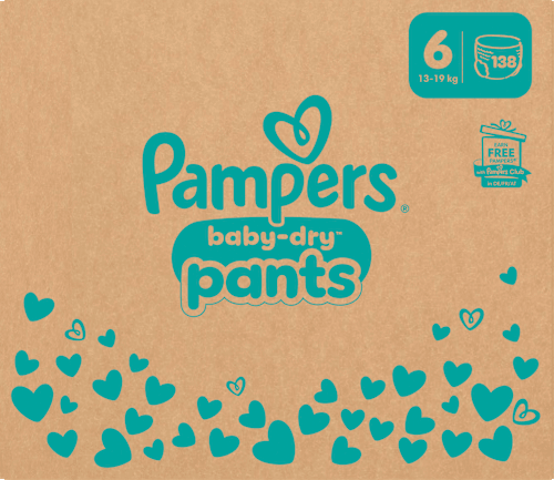 Babybroekjes Baby Dry Maat 6 Extra Groot (13-19 kg), maandelijkse doos, 138 stuks