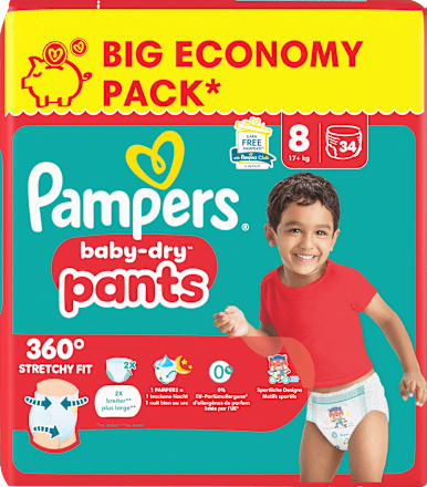 Babybroekjes Baby Dry Maat 8 Extra Groot (17+ kg) Grote verpakking, 34 stuks