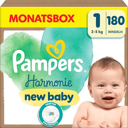Harmonie luiers maat 1 nieuwe baby (2-5 kg), maandelijkse doos, 180 stuks