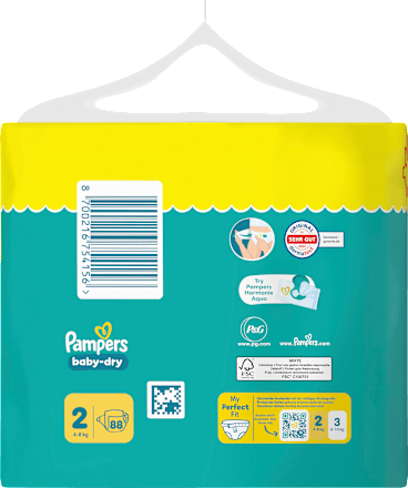 Luiers Baby Dry Maat 2 Mini (4-8 kg), Grote verpakking, 88 stuks