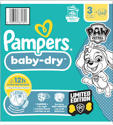 Baby Dry Luiers Maat 3 (6-10 kg) Paw Patrol, Maandelijkse Doos, 234 stuks