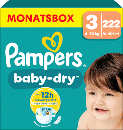 Baby Dry Luiers Maat 3 Midi (6-10 kg), Maandelijkse Doos, 222 stuks
