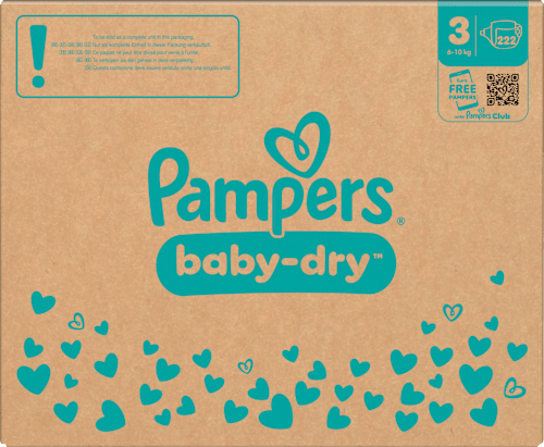 Baby Dry Luiers Maat 3 Midi (6-10 kg), Maandelijkse Doos, 222 stuks