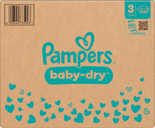 Baby Dry Luiers Maat 3 Midi (6-10 kg), Maandelijkse Doos, 222 stuks
