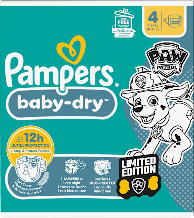 Baby Dry Luiers Maat 4 (9-14 kg) Limited Edition Paw Patrol, Maandelijkse Doos, 222 stuks