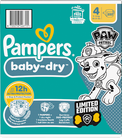 Baby Dry Luiers Maat 4 (9-14 kg) Limited Edition Paw Patrol, Maandelijkse Doos, 222 stuks