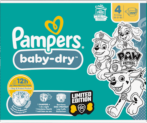 Baby Dry Luiers Maat 4 (9-14 kg) Limited Edition Paw Patrol, Maandelijkse Doos, 222 stuks