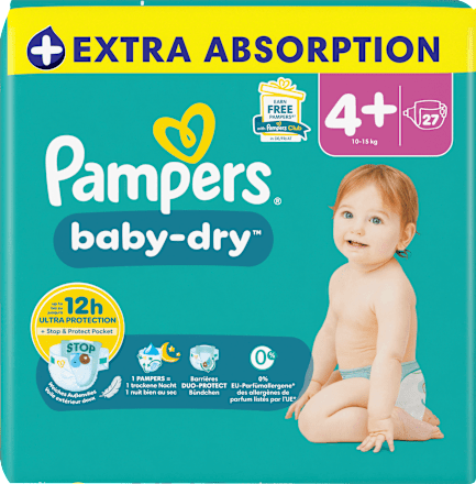 Baby Dry Luiers Maat 4+ Maxi+ (10-15 kg), 27 stuks