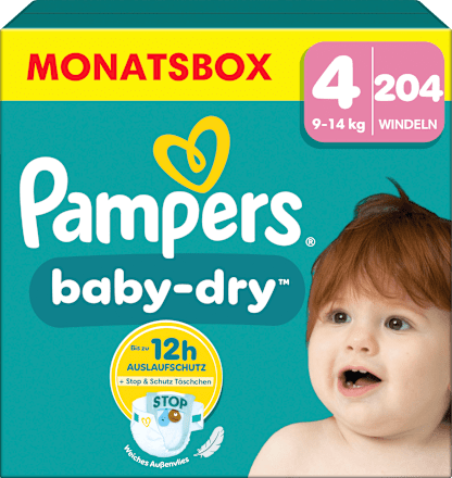 Baby Dry Luiers Maat 4 Maxi (9-14 kg), Maandelijkse Doos, 204 stuks
