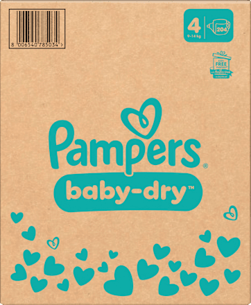 Baby Dry Luiers Maat 4 Maxi (9-14 kg), Maandelijkse Doos, 204 stuks