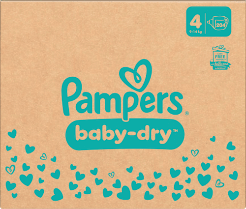 Baby Dry Luiers Maat 4 Maxi (9-14 kg), Maandelijkse Doos, 204 stuks