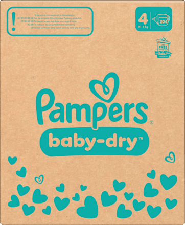 Baby Dry Luiers Maat 4 Maxi (9-14 kg), Maandelijkse Doos, 204 stuks