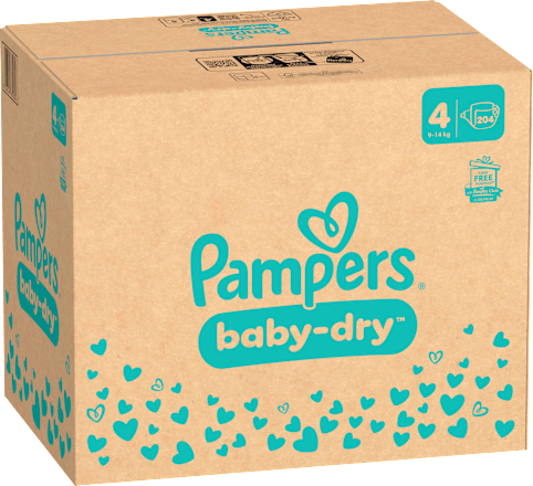 Baby Dry Luiers Maat 4 Maxi (9-14 kg), Maandelijkse Doos, 204 stuks
