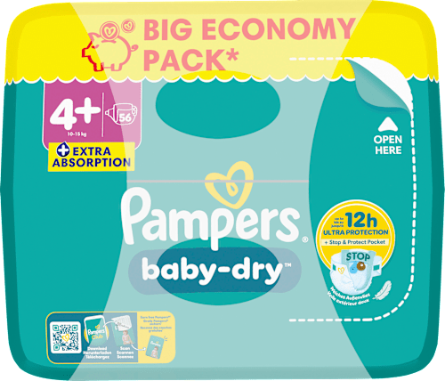 Baby Dry Luiers Maat 4+ Maxi Plus (10-15 kg), Grote Verpakking, 56 stuks