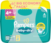 Baby Dry Luiers Maat 4+ Maxi Plus (10-15 kg), Grote Verpakking, 56 stuks