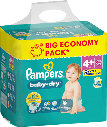 Baby Dry Luiers Maat 4+ Maxi Plus (10-15 kg), Grote Verpakking, 56 stuks