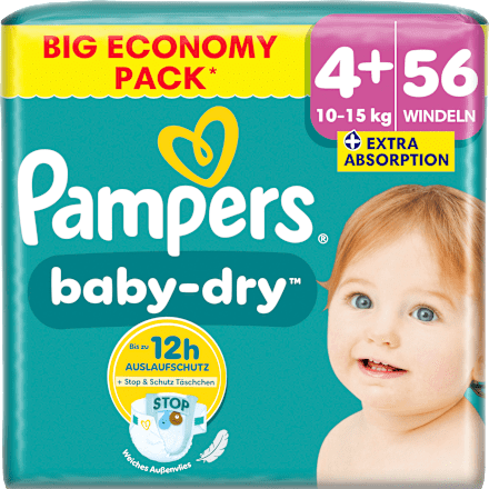 Baby Dry Luiers Maat 4+ Maxi Plus (10-15 kg), Grote Verpakking, 56 stuks