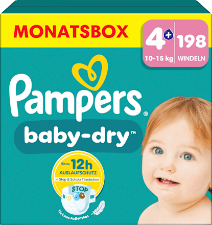 Baby Dry Luiers Maat 4+ Maxi Plus (10-15 kg), Maandelijkse Doos, 198 stuks
