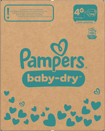 Baby Dry Luiers Maat 4+ Maxi Plus (10-15 kg), Maandelijkse Doos, 198 stuks