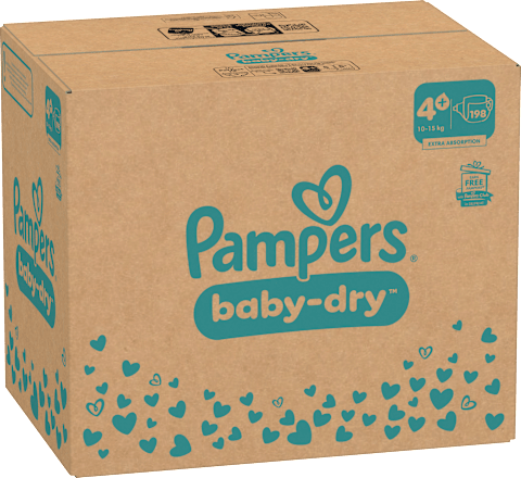 Baby Dry Luiers Maat 4+ Maxi Plus (10-15 kg), Maandelijkse Doos, 198 stuks