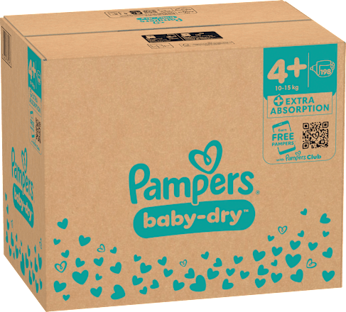 Baby Dry Luiers Maat 4+ Maxi Plus (10-15 kg), Maandelijkse Doos, 198 stuks