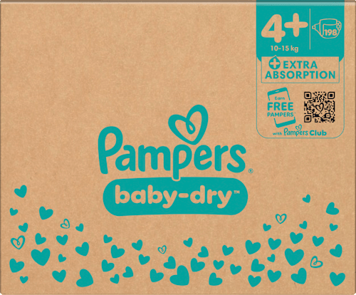 Baby Dry Luiers Maat 4+ Maxi Plus (10-15 kg), Maandelijkse Doos, 198 stuks
