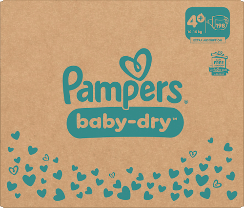 Baby Dry Luiers Maat 4+ Maxi Plus (10-15 kg), Maandelijkse Doos, 198 stuks