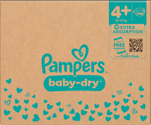 Baby Dry Luiers Maat 4+ Maxi Plus (10-15 kg), Maandelijkse Doos, 198 stuks